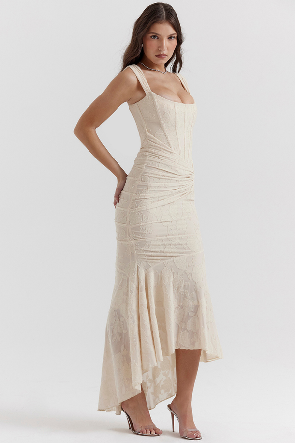 Octavie Ruched Corset Maxi Dress In Beige-ROVOLE