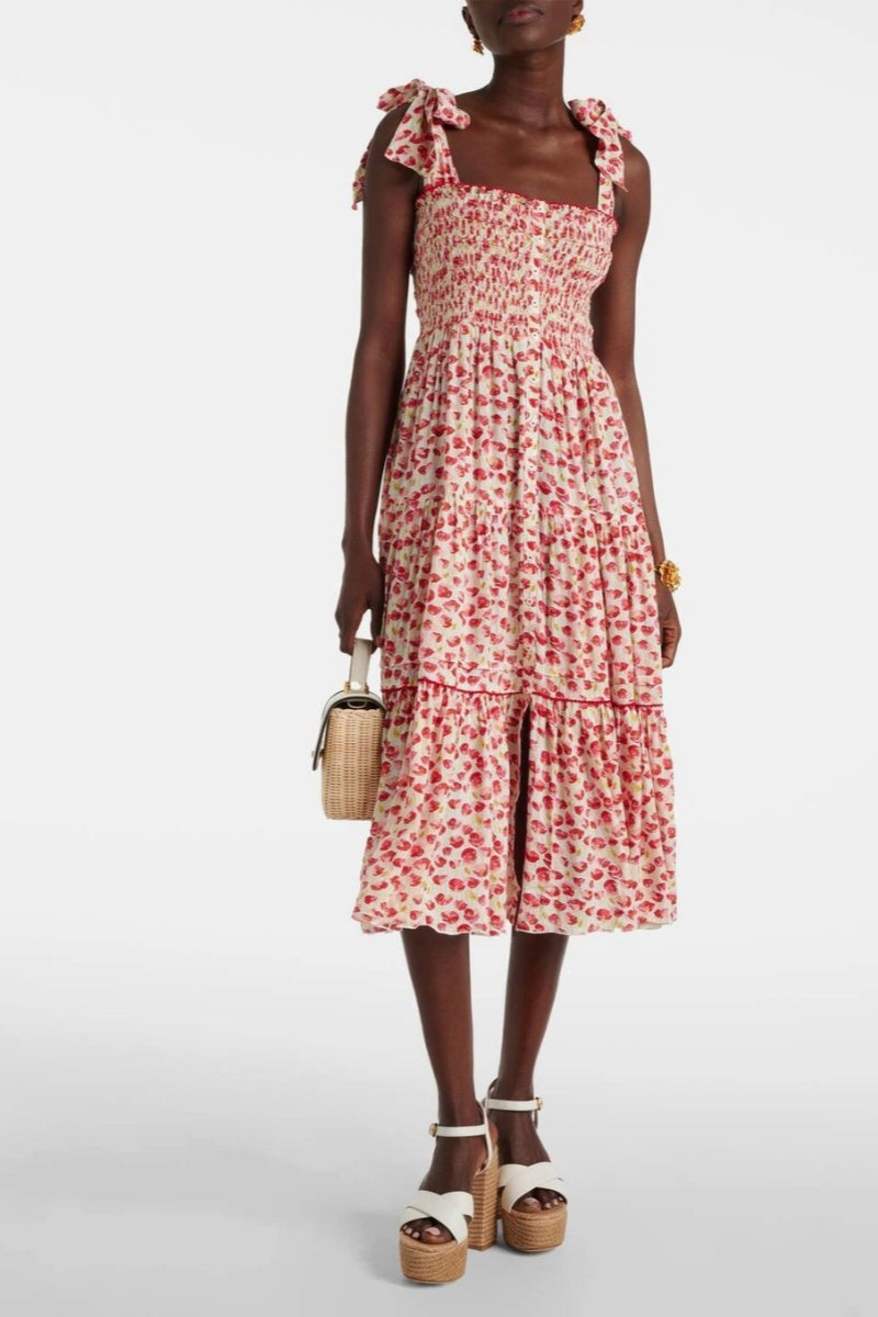 Poupette St Barth Triny Polka-dot Shirred Midi Dress-ROVOLE