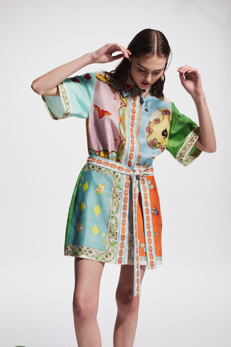 Prunelle Patchwork Poker Print Mini Dress-ROVOLE