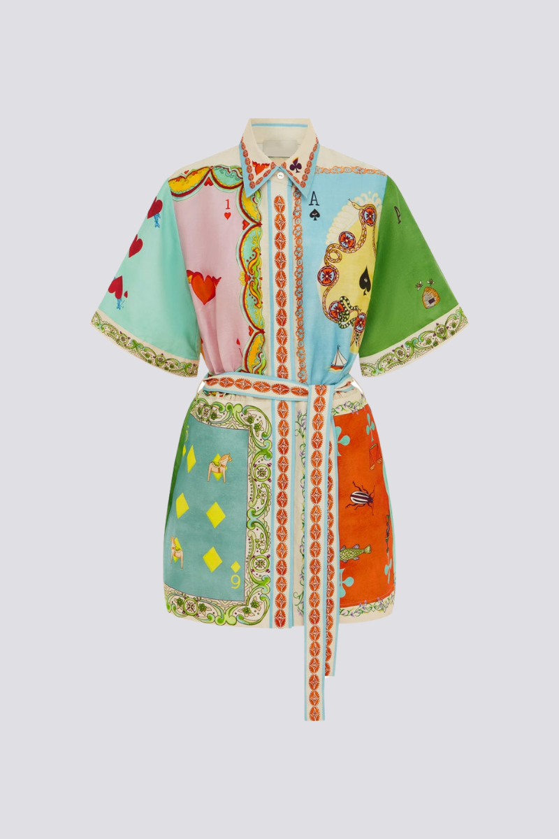 Prunelle Patchwork Poker Print Mini Dress-ROVOLE