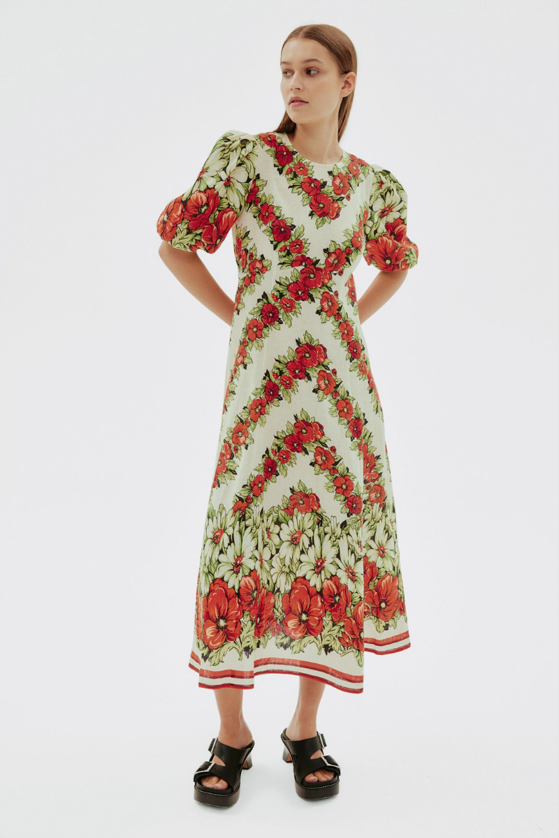 Rosalinde Round Neck Floral Maxi Dress In Red-ROVOLE