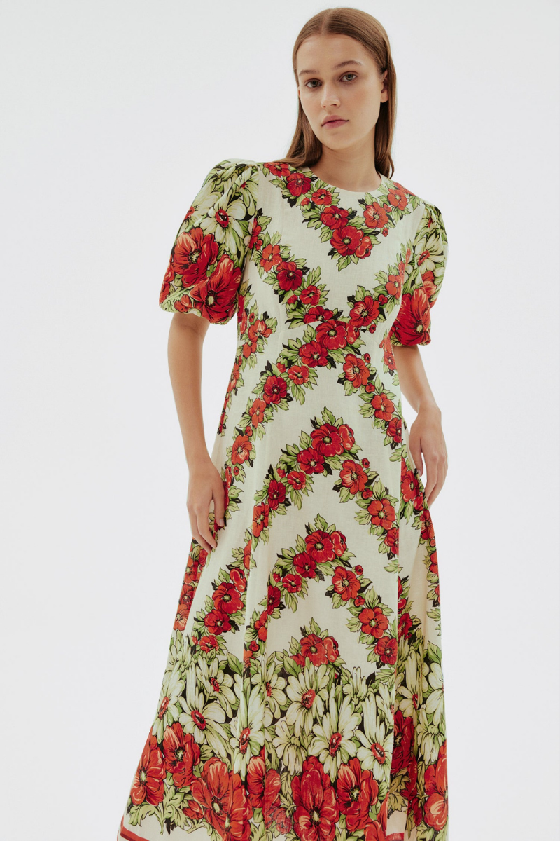 Rosalinde Round Neck Floral Maxi Dress In Red-ROVOLE