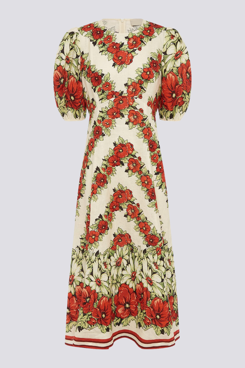 Rosalinde Round Neck Floral Maxi Dress In Red-ROVOLE