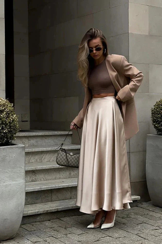 Aubrey Satin Midi Skirt-ROVOLE