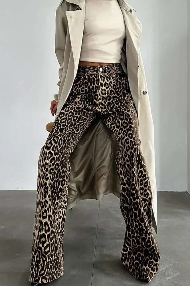 Button Multi Pockets Leopard Print Casual Pants-ROVOLE