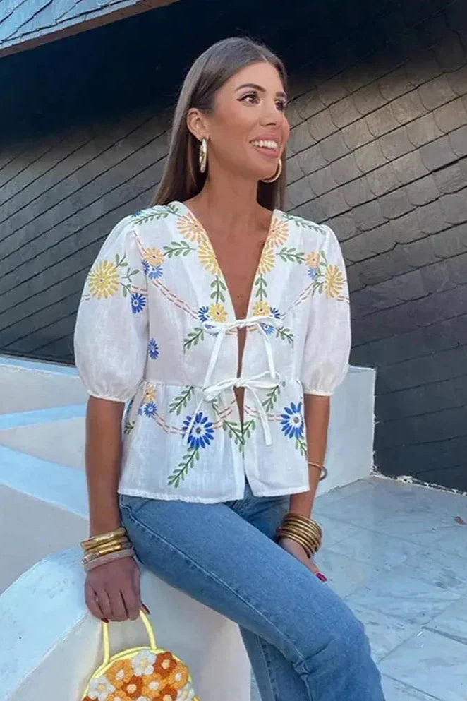 Floral Bowknot Peplum Blouse-ROVOLE