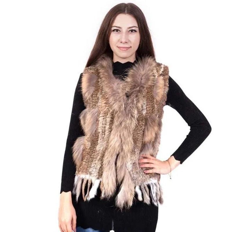 Sleeveless Vest with Fur Tassel and Natural Collar for High-End Women-Massicos