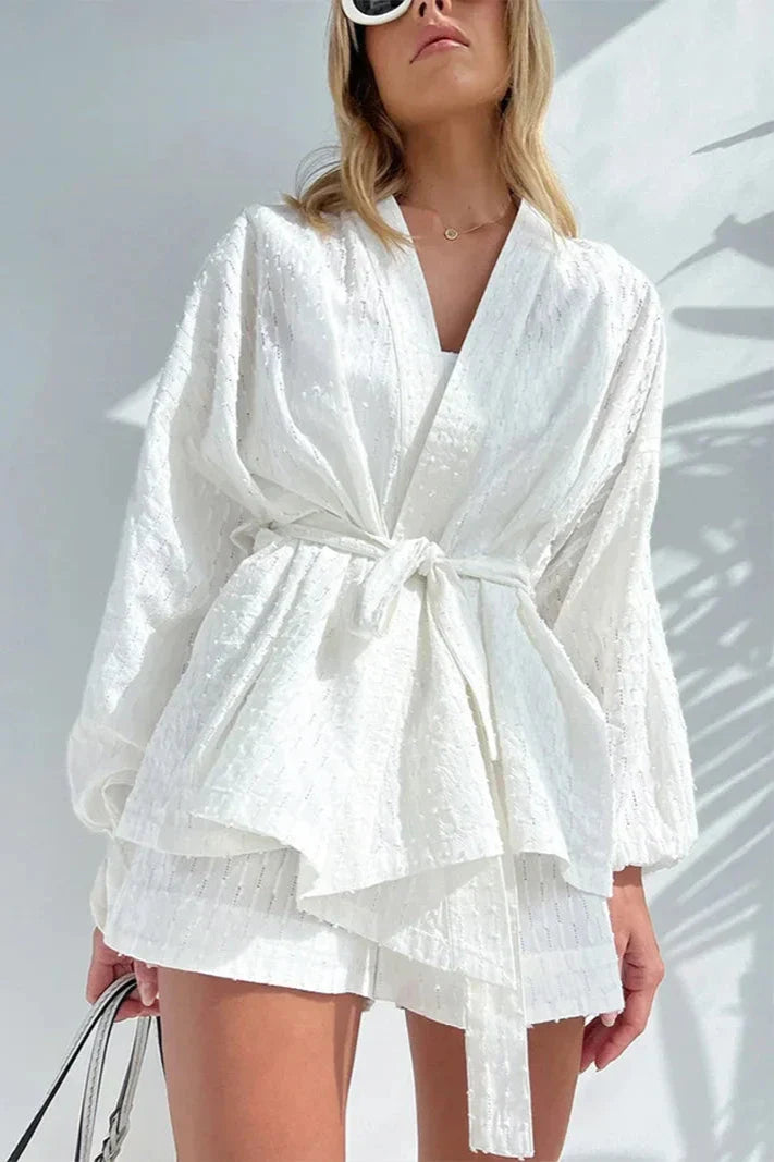White Jacquard Weave Waisted Two Piece Set-ROVOLE
