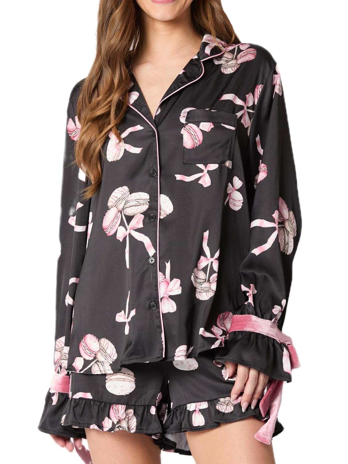 Black Pajama Set Bow Cuffs-Massicos