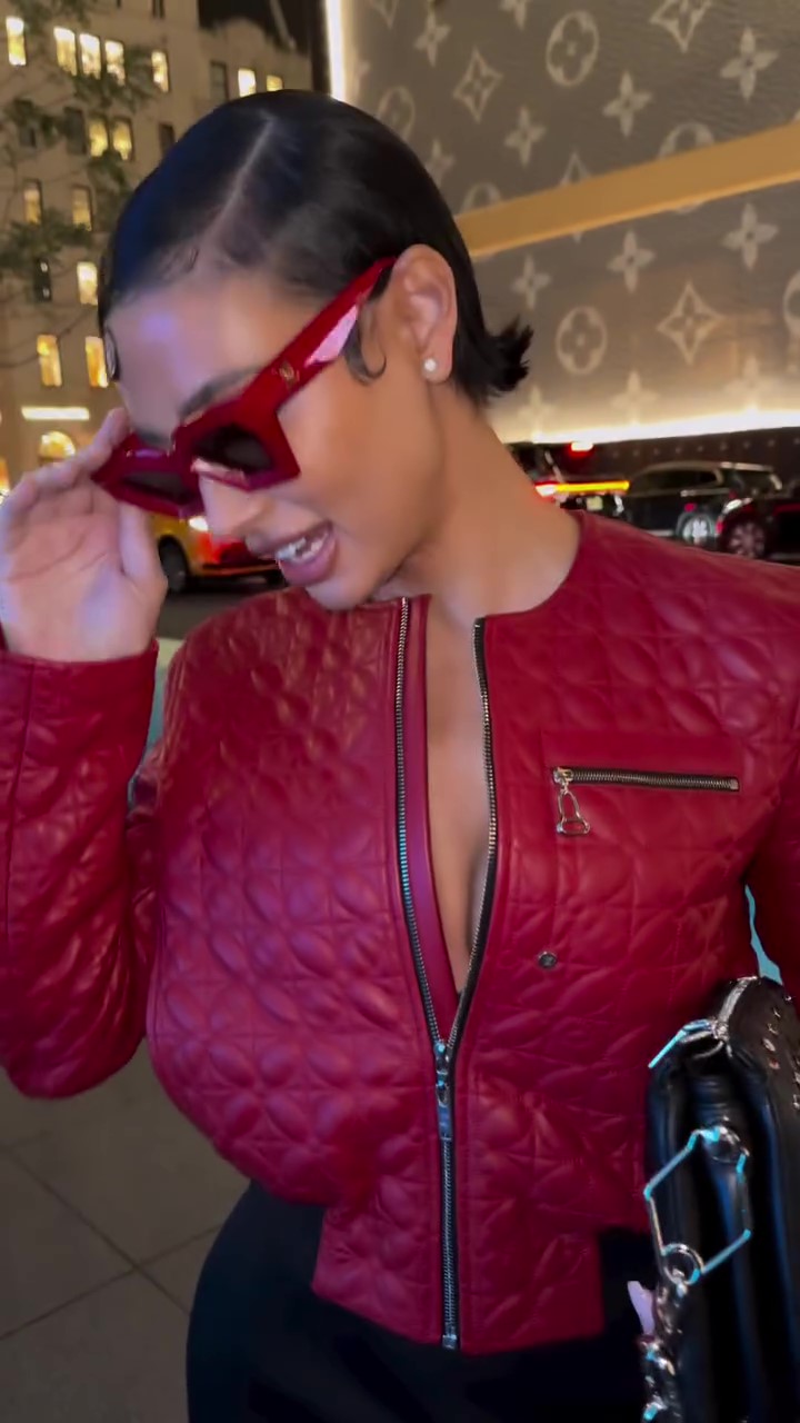 Red embroidered short leather jacket