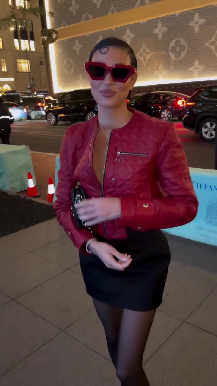 Red embroidered short leather jacket