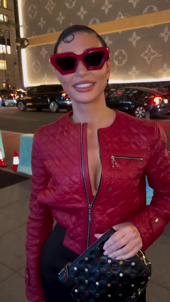 Red embroidered short leather jacket