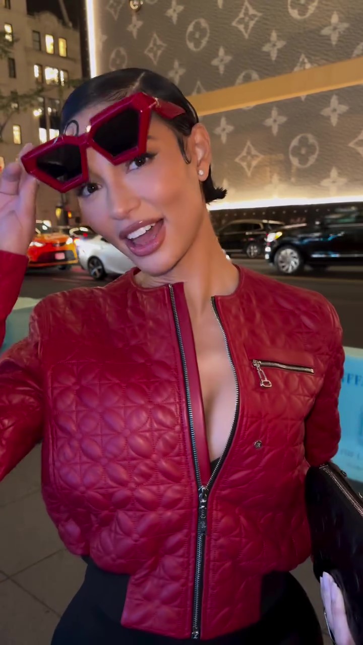 Red embroidered short leather jacket