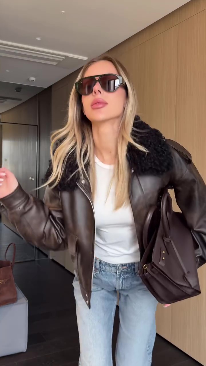 Brown fur collar leather jacket