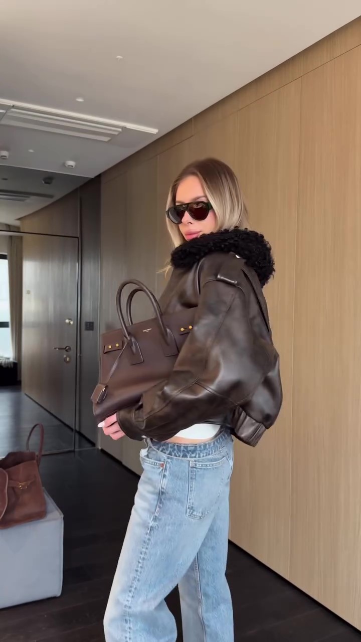 Brown fur collar leather jacket