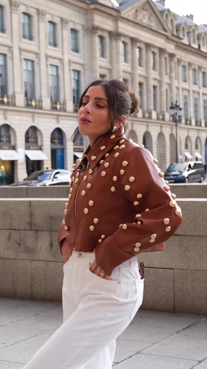Designer gold studded leather jacket-Massicos