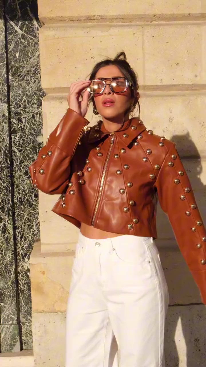 Designer gold studded leather jacket-Massicos