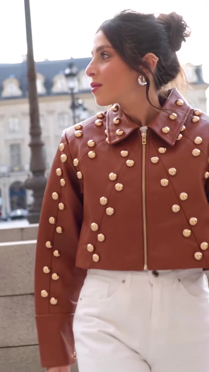 Designer gold studded leather jacket-Massicos