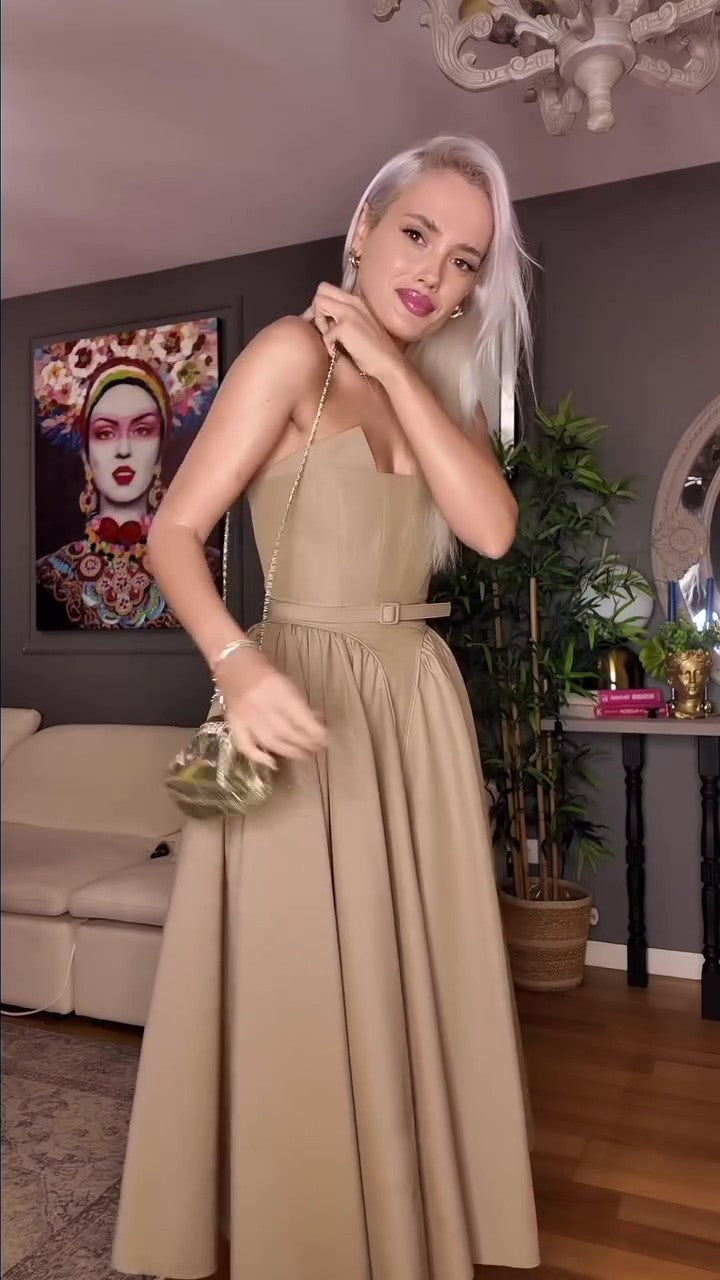 Chic Taupe Bustier Midi Dress-Massicos