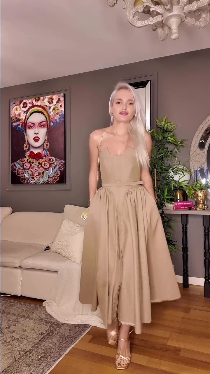 Chic Taupe Bustier Midi Dress-Massicos