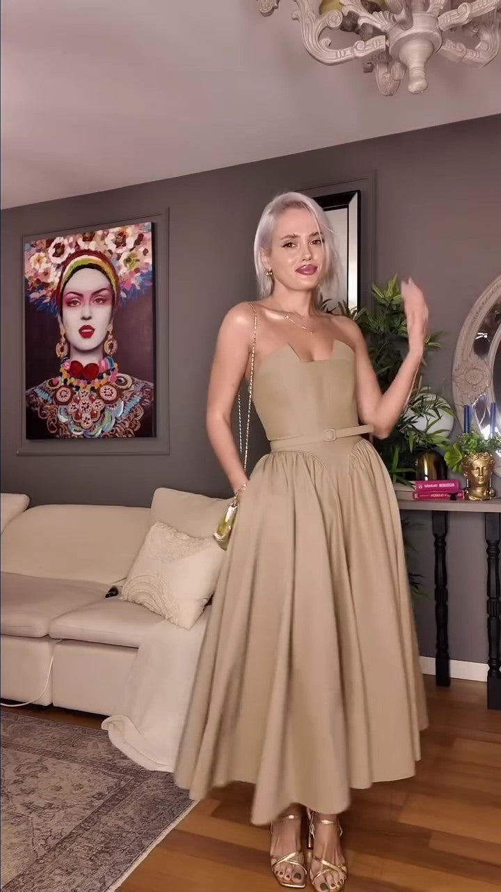 Chic Taupe Bustier Midi Dress-Massicos