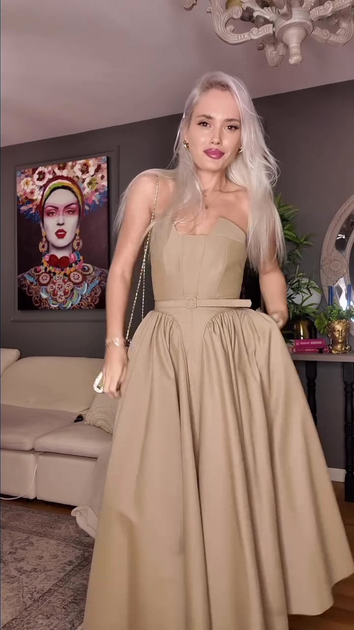 Chic Taupe Bustier Midi Dress-Massicos