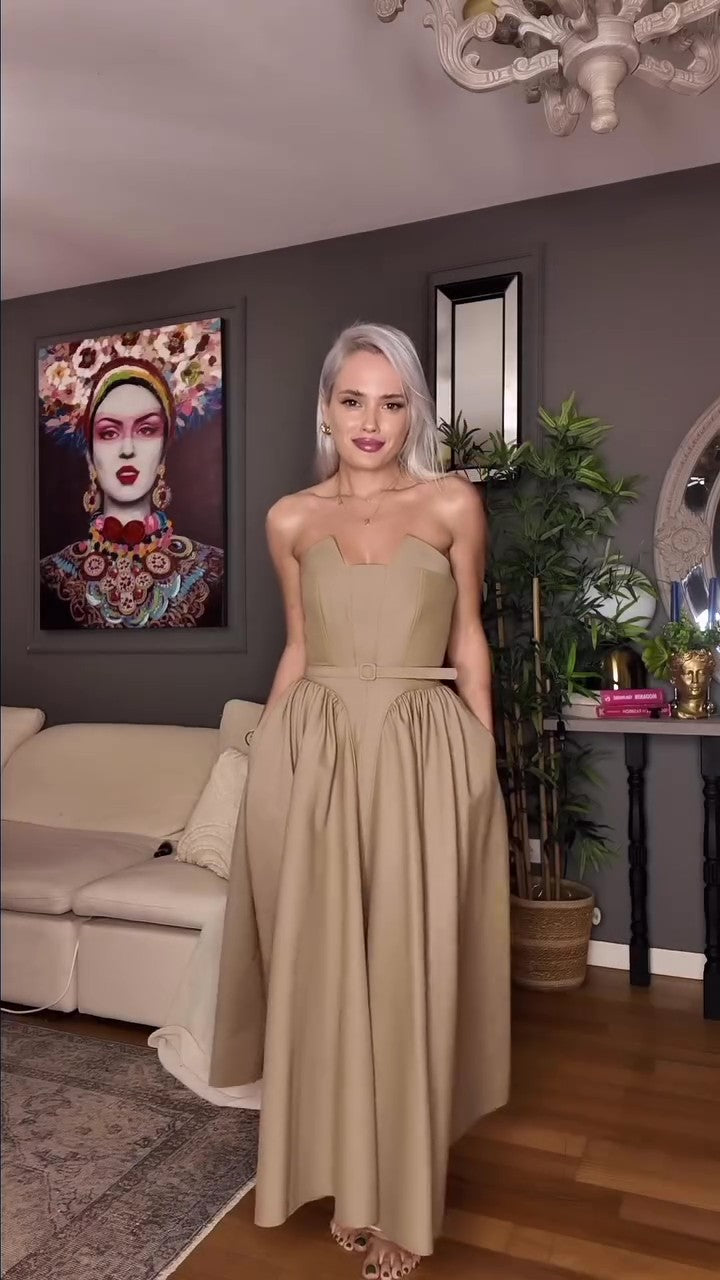 Chic Taupe Bustier Midi Dress-Massicos