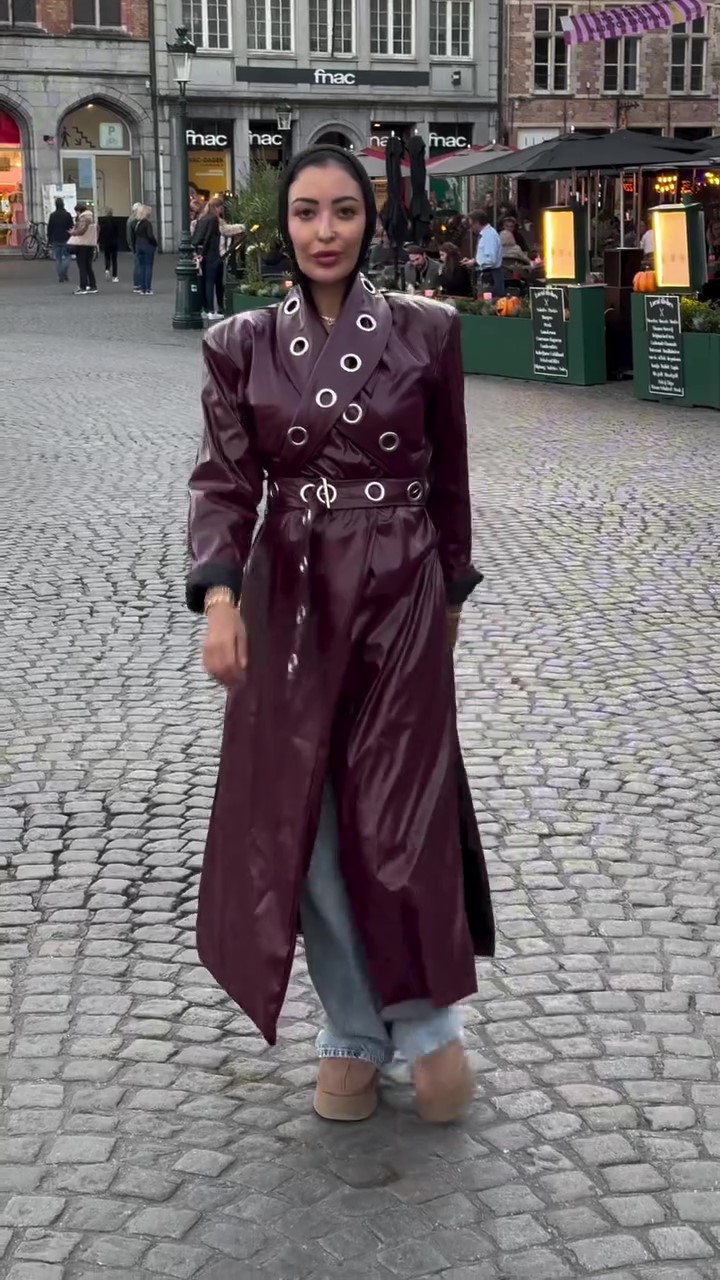 Burgundy windproof mid-length leather jacket