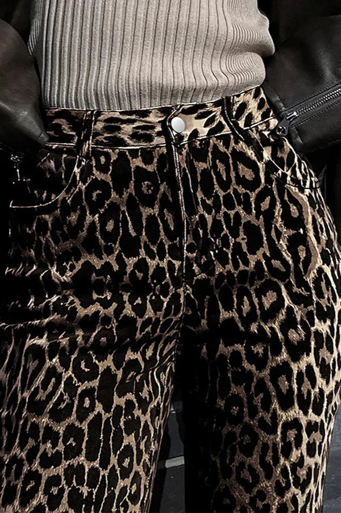 Button Multi Pockets Leopard Print Casual Pants-ROVOLE