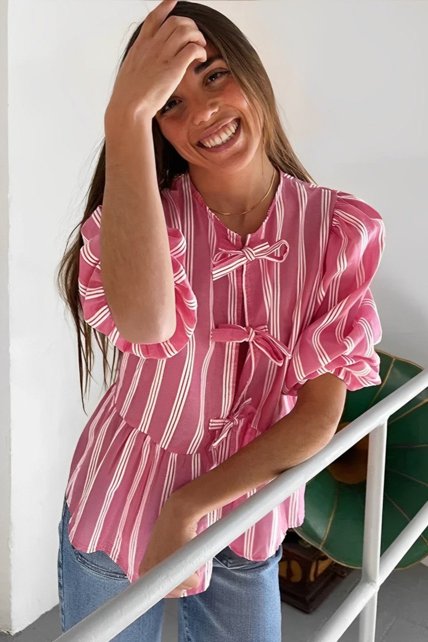 Stripes Puff Sleeve Peplum Bow Ties Blouse-ROVOLE