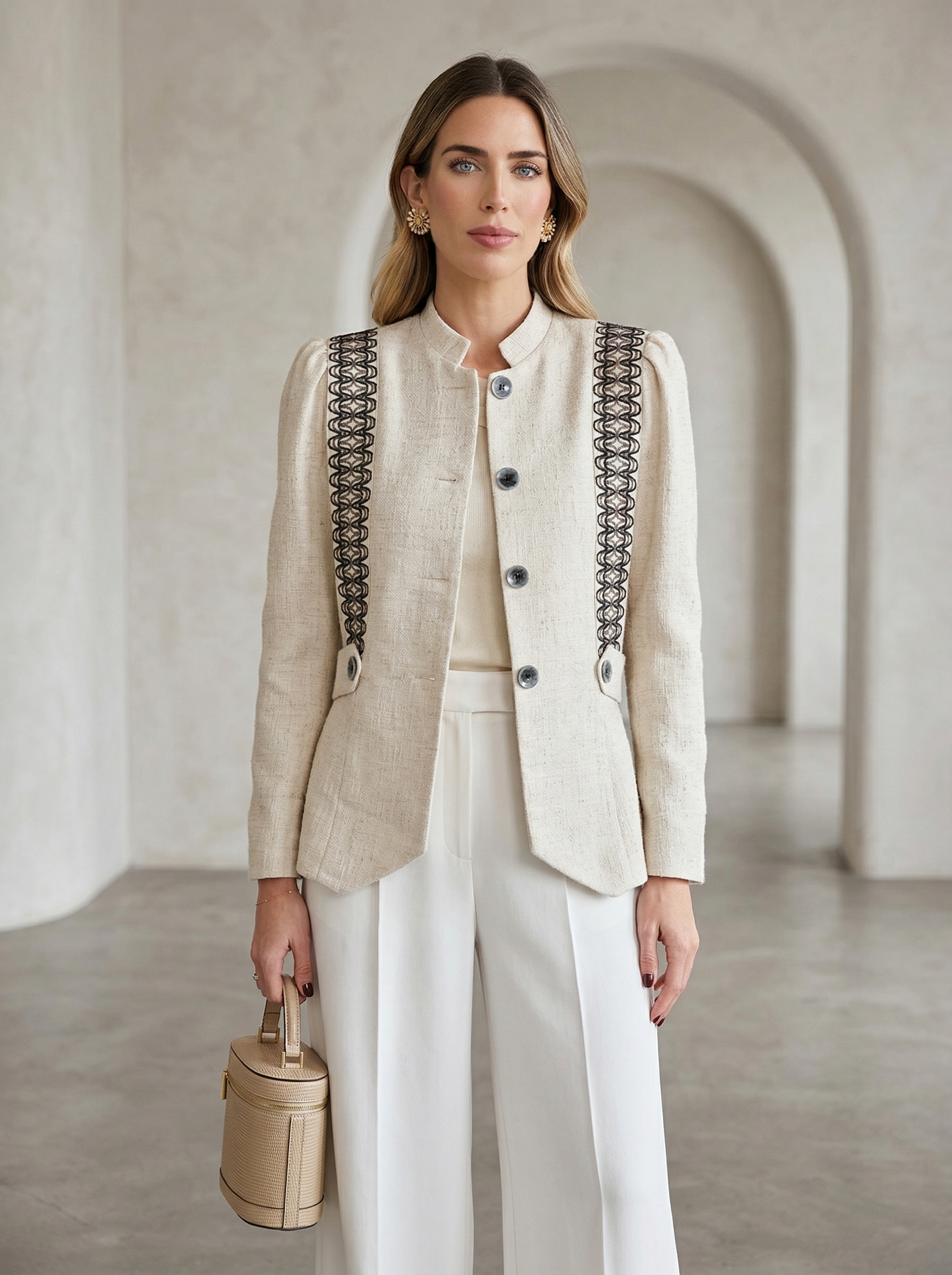 Elegant Linen Tailored Jacket with Embroidered Detail – Chic Minimalist Blazer