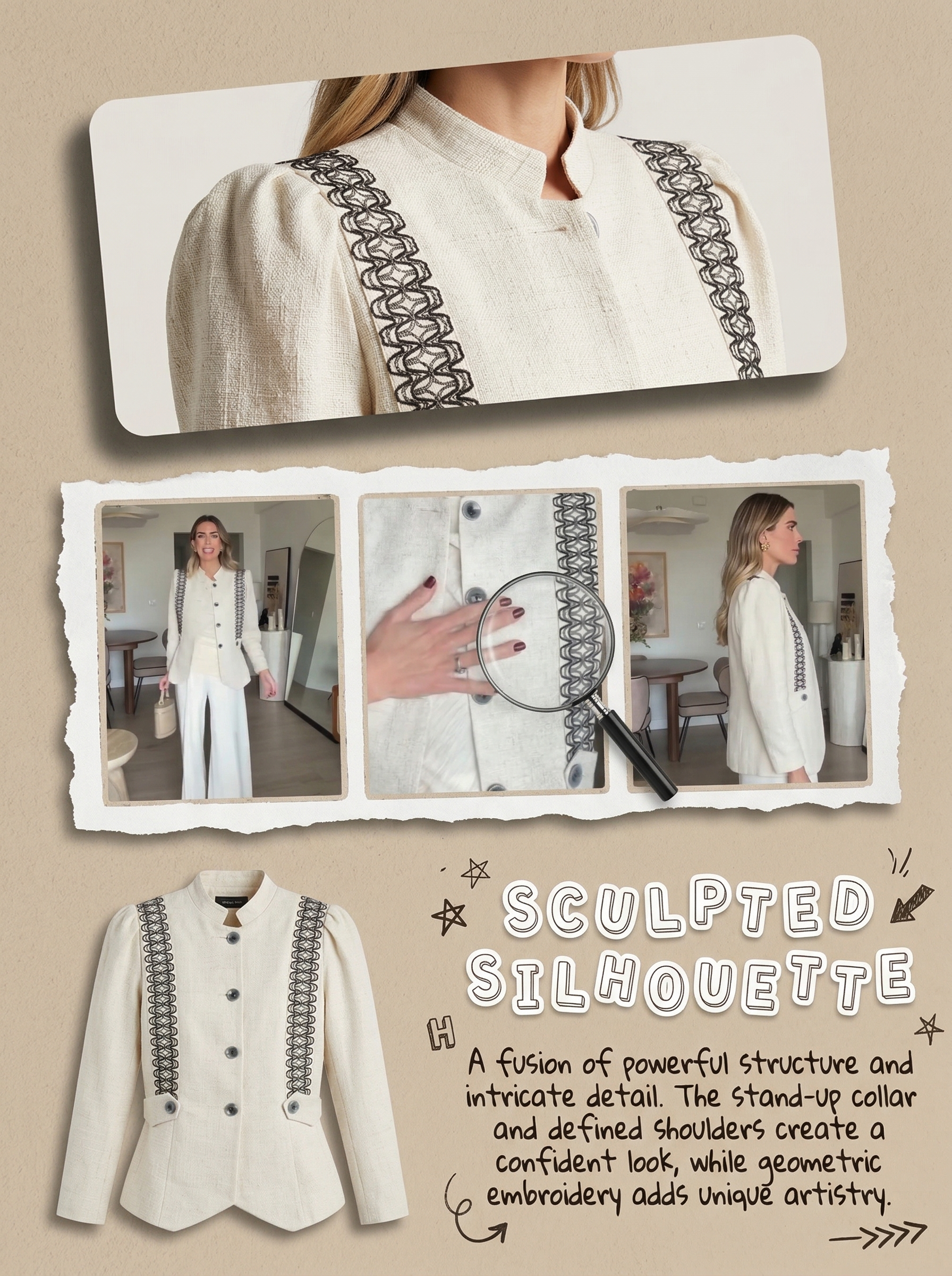 Elegant Linen Tailored Jacket with Embroidered Detail – Chic Minimalist Blazer