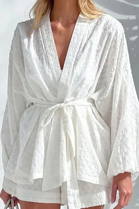 White Jacquard Weave Waisted Two Piece Set-ROVOLE