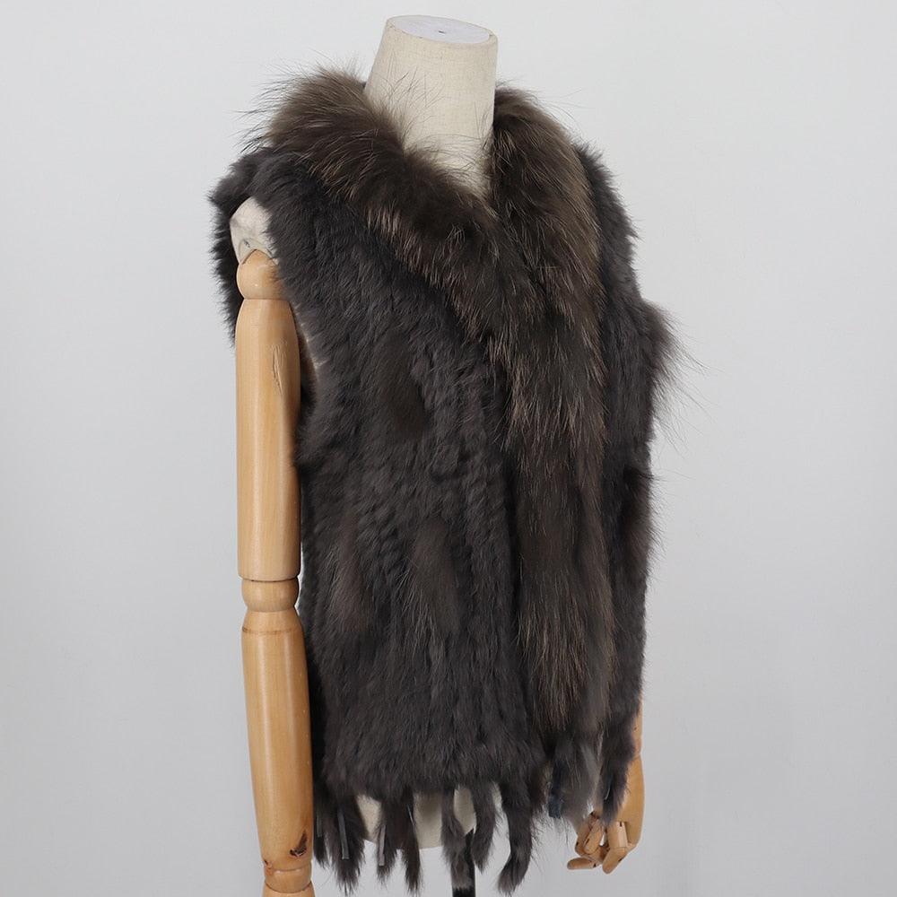 Sleeveless Vest with Fur Tassel and Natural Collar for High-End Women-Massicos