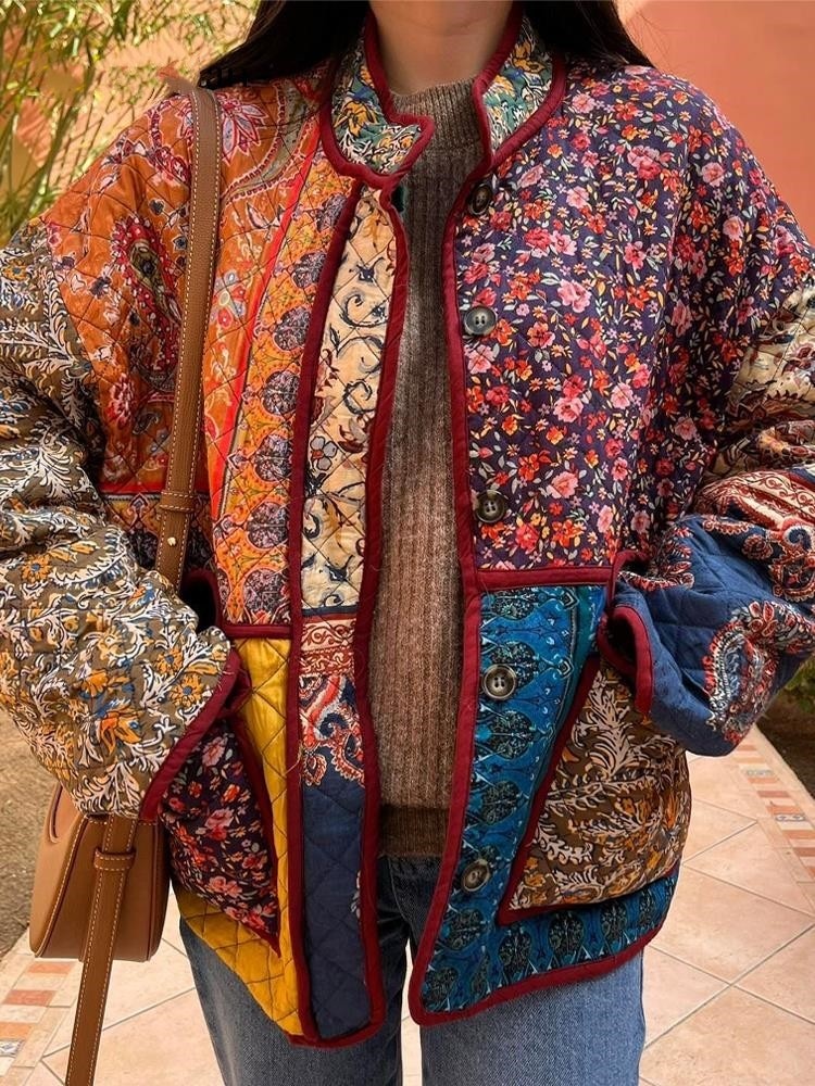 Ethnic Style Pattern Print Multi-Color Quilted Jacket-Massicos