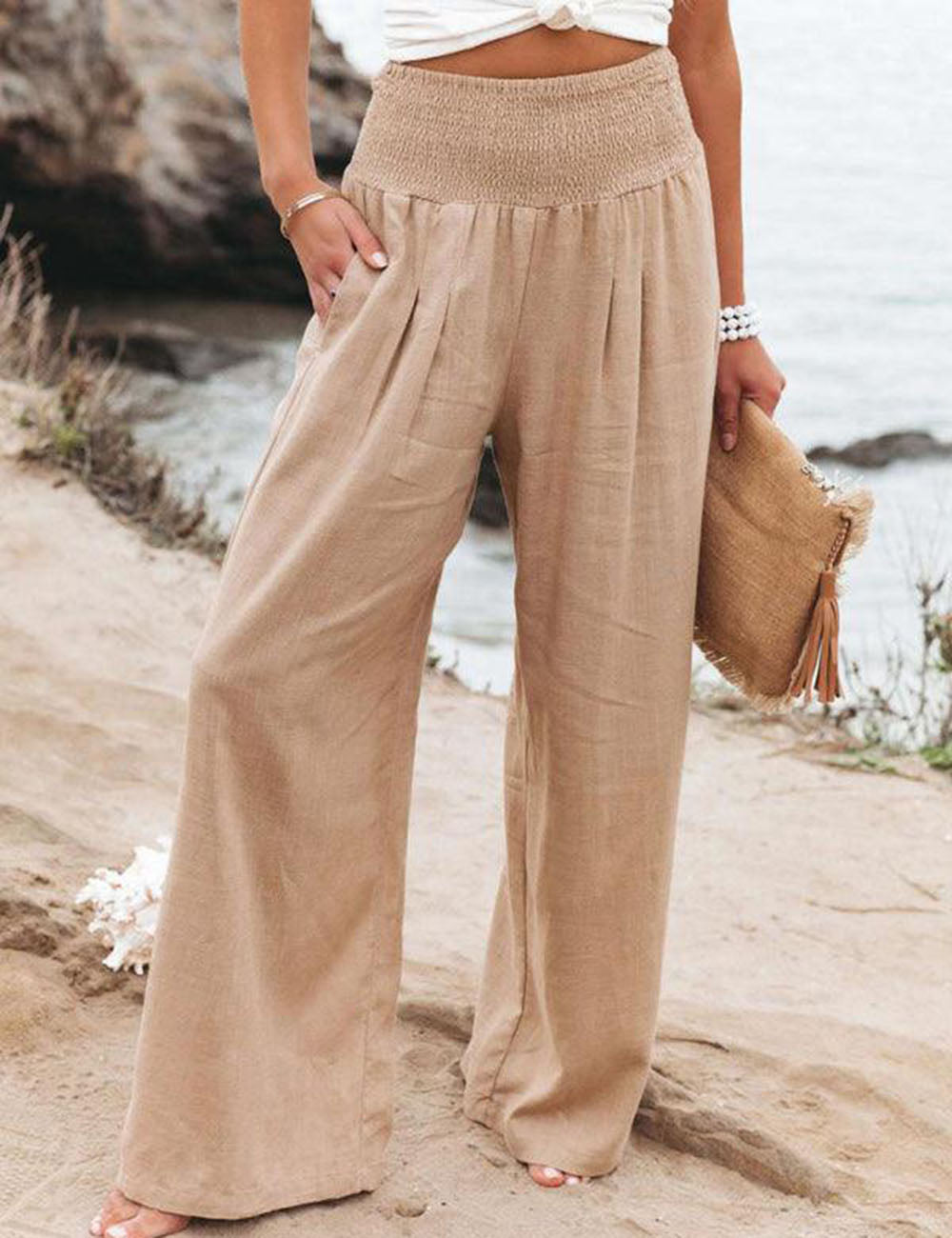 Smocked Waist Side-seam Wide Leg Linen Pants-Massicos