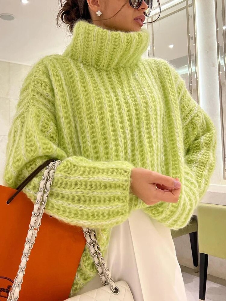 Mohair Sweaters For Women Turtleneck Long Sleeve Loose Pullover Winter Sweater Female Fashion Clothing-Massicos