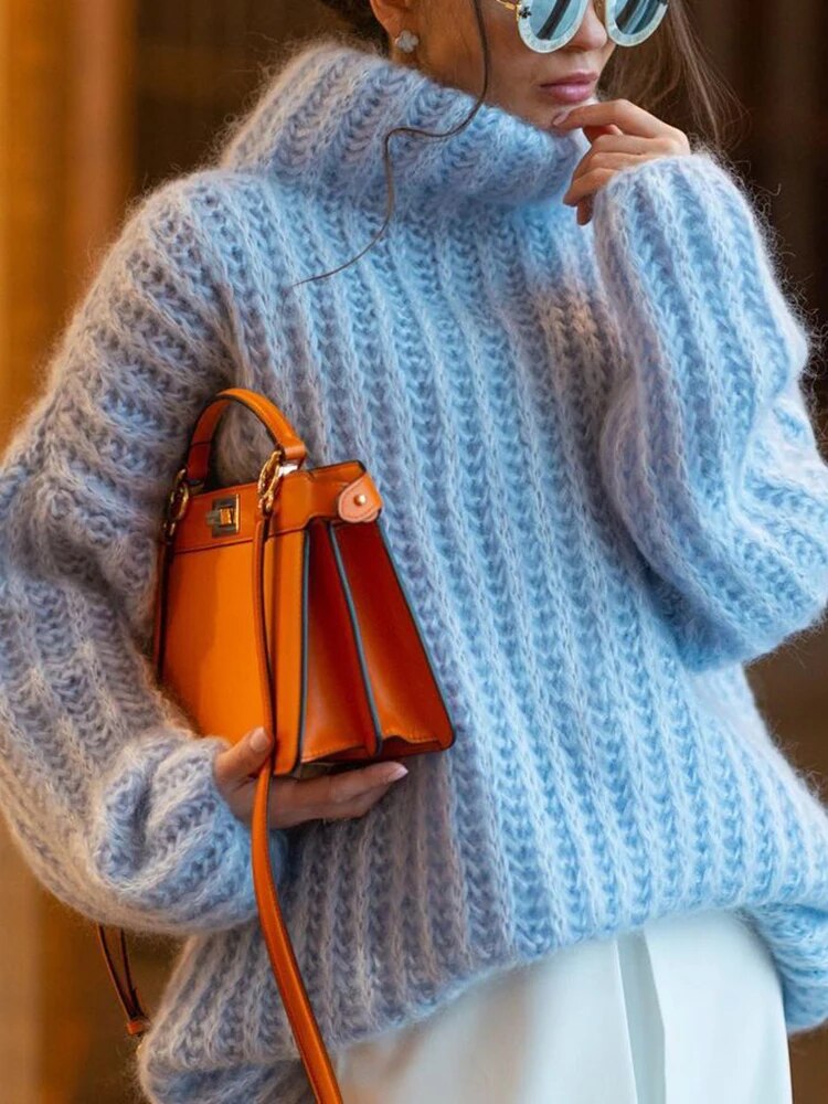 Mohair Sweaters For Women Turtleneck Long Sleeve Loose Pullover Winter Sweater Female Fashion Clothing-Massicos