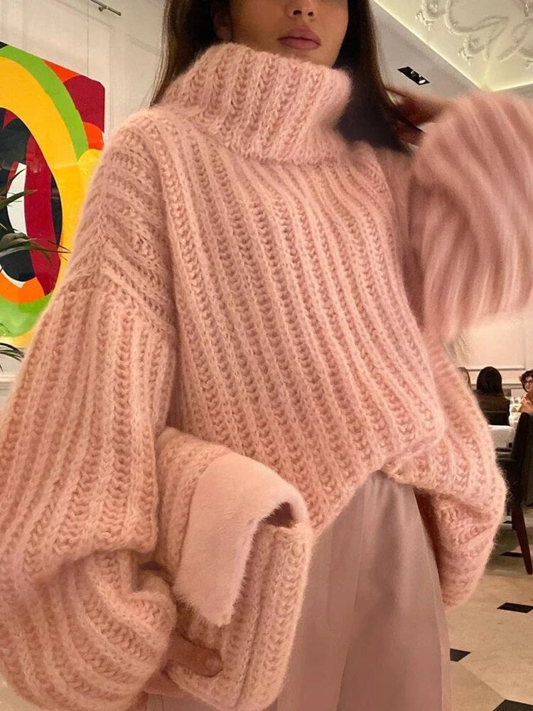 Mohair Sweaters For Women Turtleneck Long Sleeve Loose Pullover Winter Sweater Female Fashion Clothing-Massicos