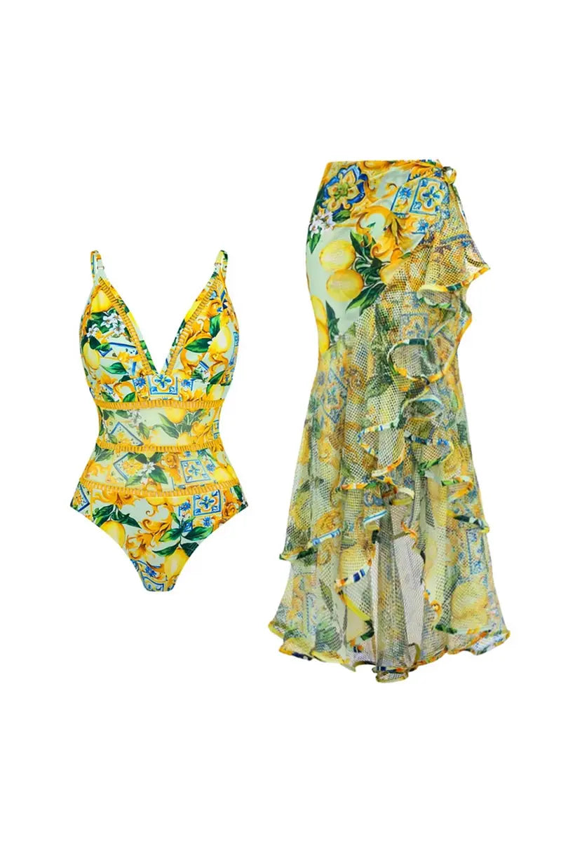 Mesh Lemon Print Swimsuit Set-ROVOLE