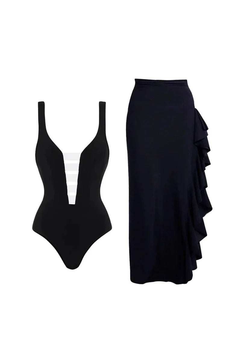 Colorblock Minimal One Piece Swimsuit Set-ROVOLE