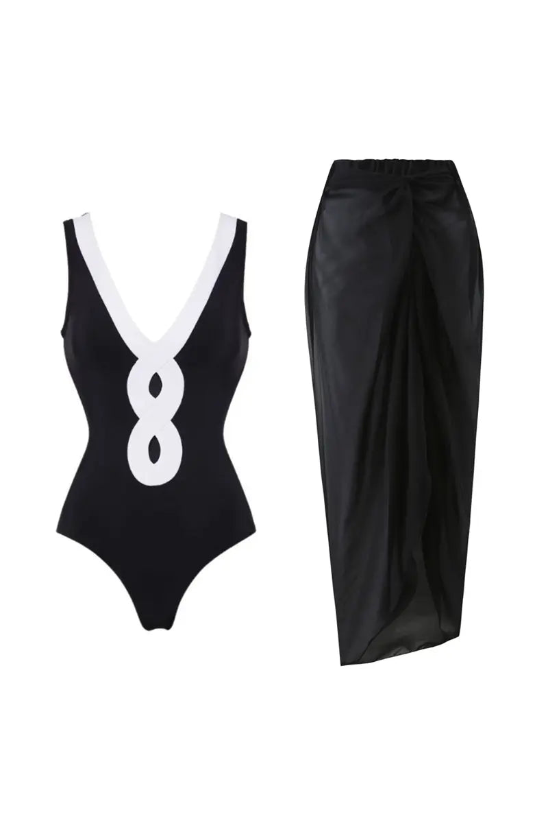 Colorblock One Piece Swimsuit Set-ROVOLE