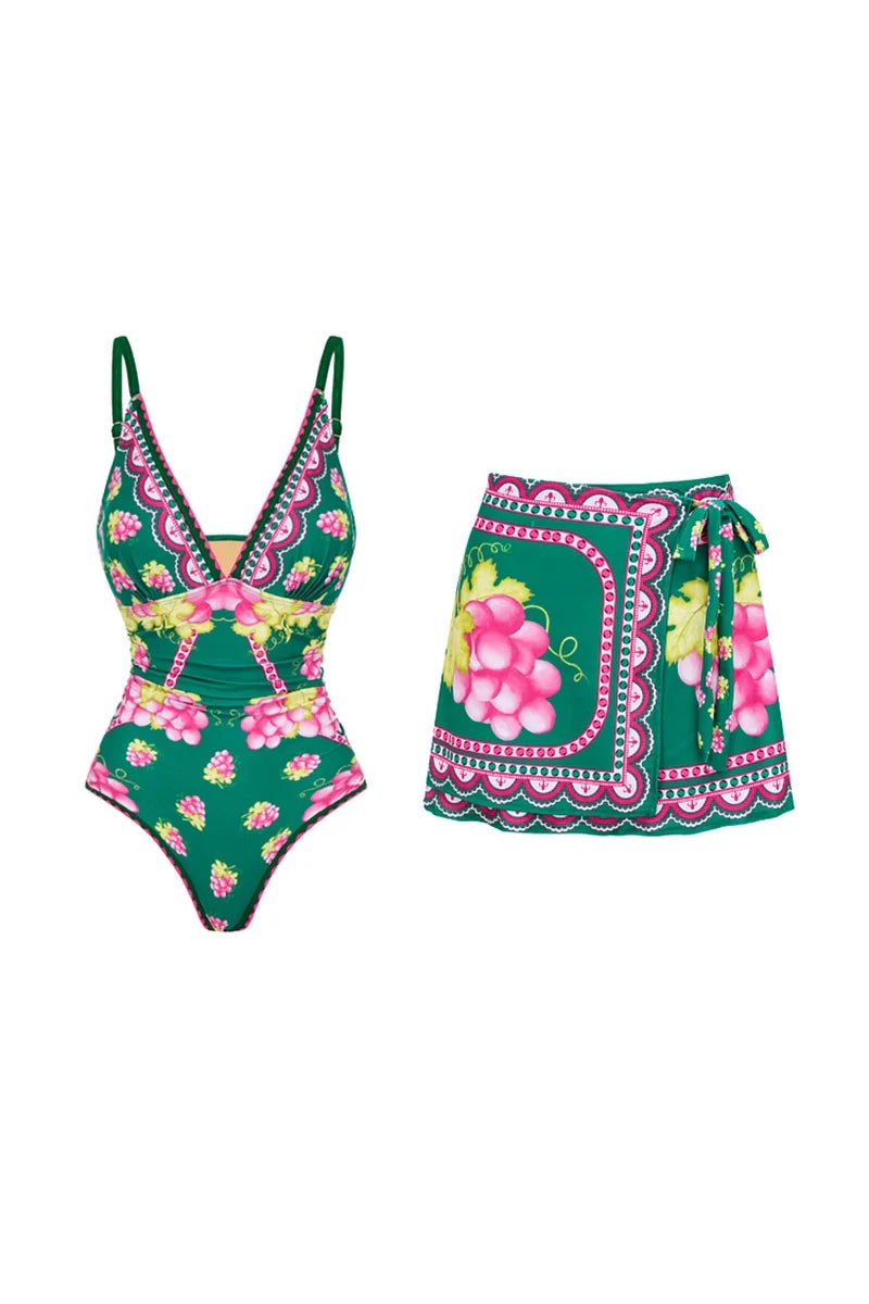 Deep V Spaghetti Strap Skirted Swimsuit Set-ROVOLE