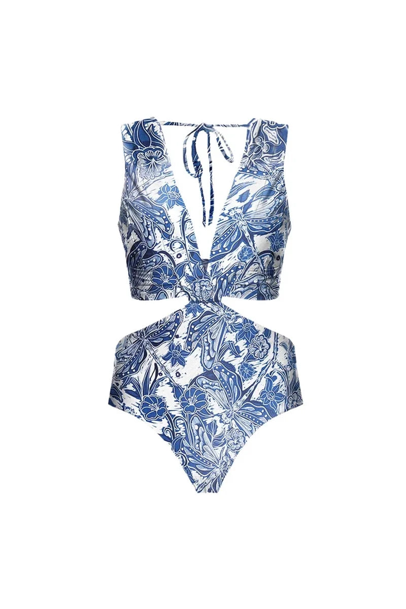 Dragonfly V Neck Cutout Skirted Swimsuit Set-ROVOLE
