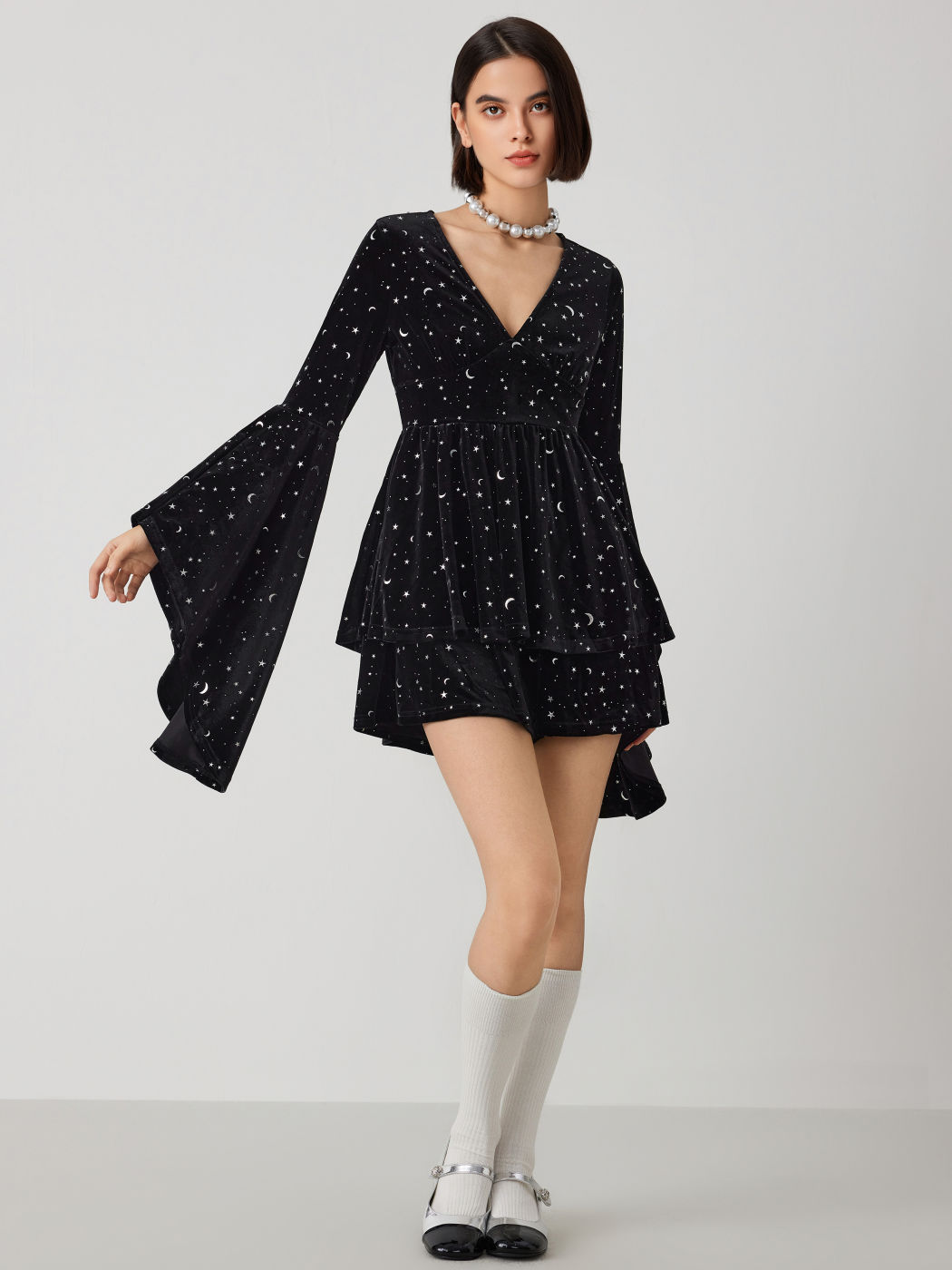Velvet V-neck Star & Moon Pattern Bell Sleeve Romper