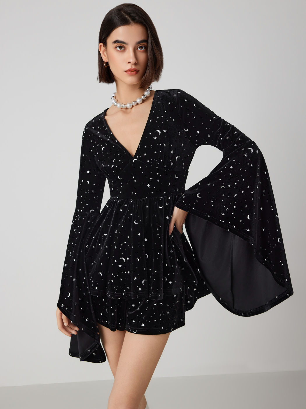 Velvet V-neck Star & Moon Pattern Bell Sleeve Romper