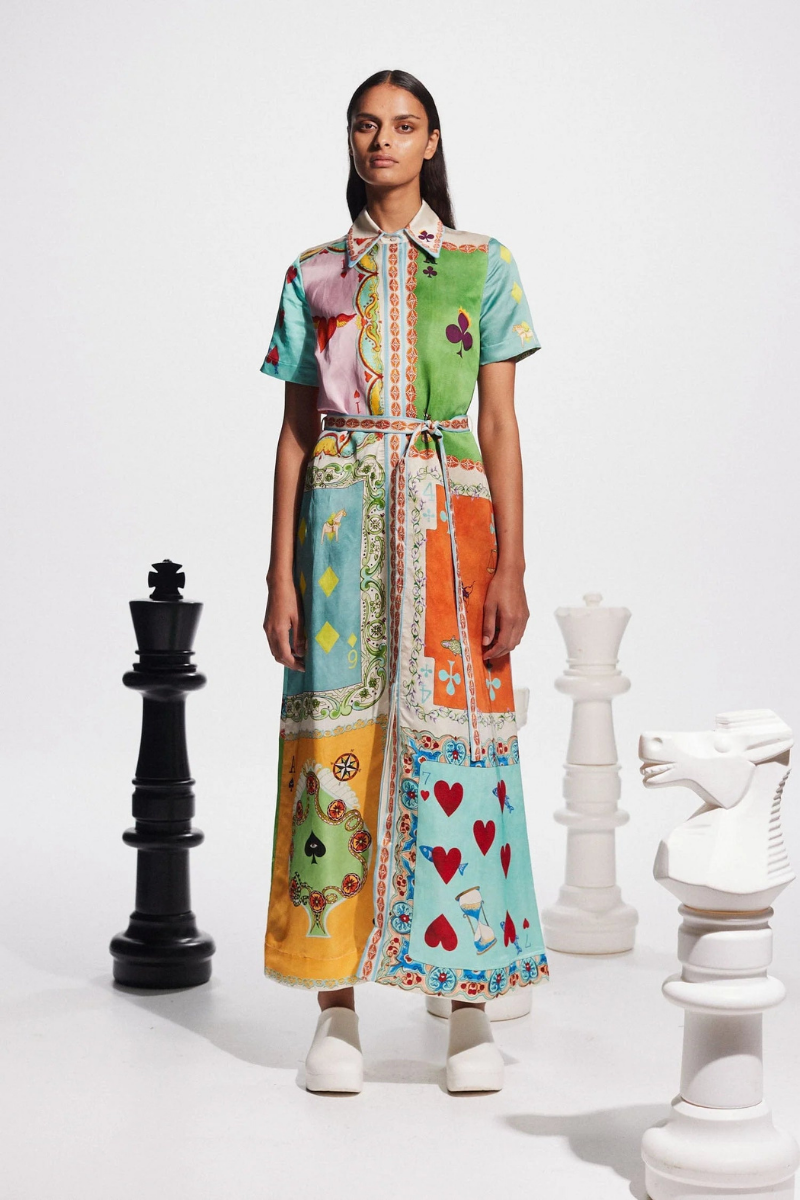 Vivienne Short Sleeve Poker Print Maxi Dress-ROVOLE
