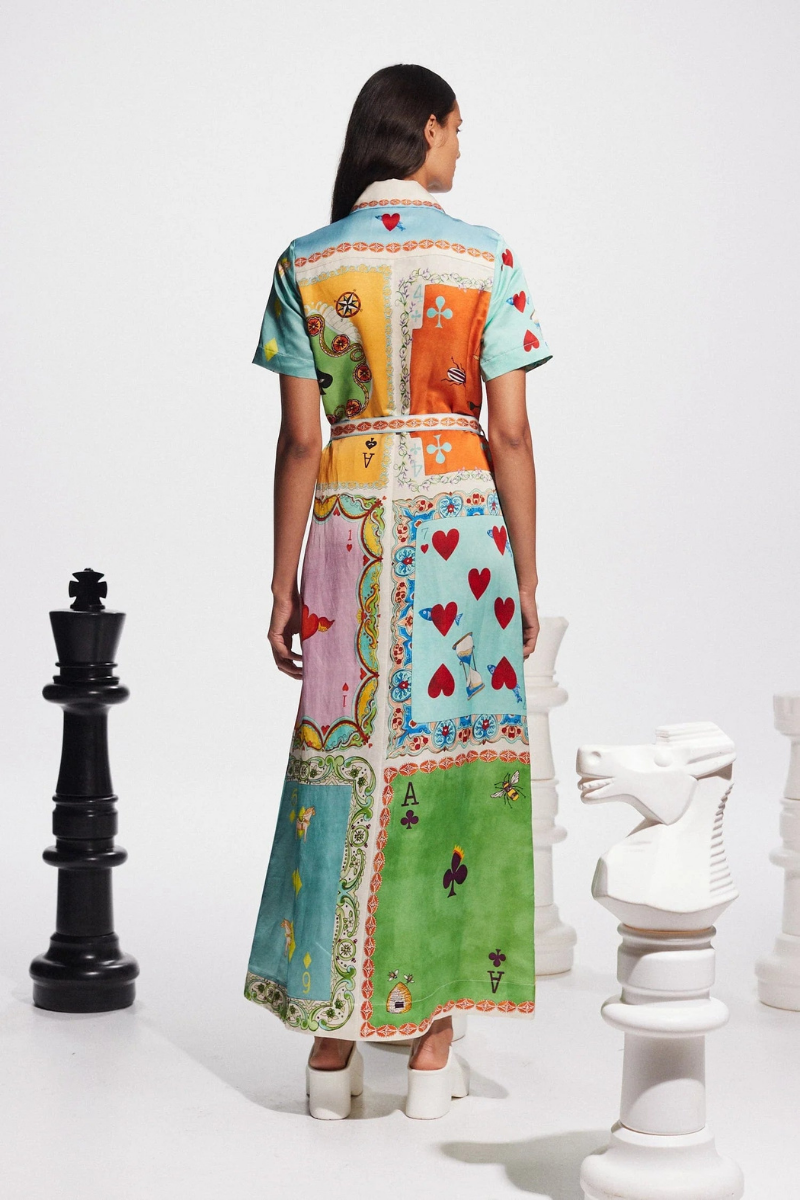 Vivienne Short Sleeve Poker Print Maxi Dress-ROVOLE