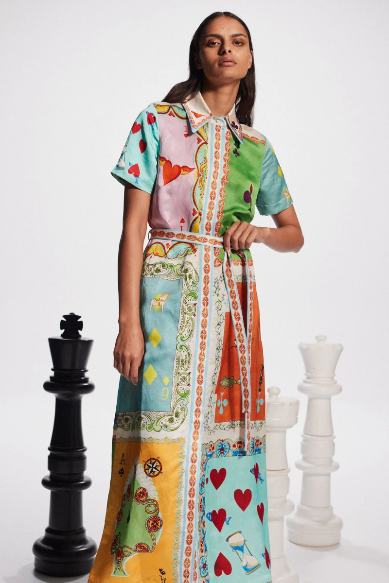 Vivienne Short Sleeve Poker Print Maxi Dress-ROVOLE