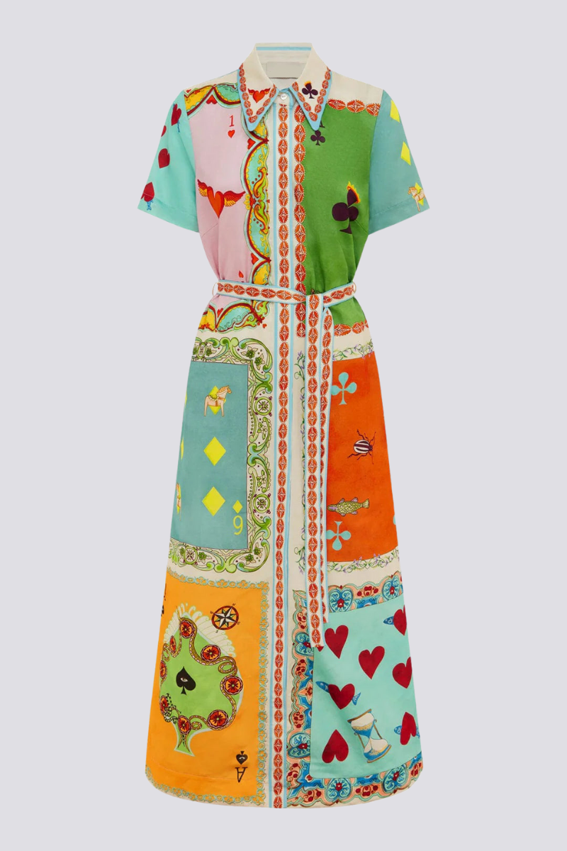 Vivienne Short Sleeve Poker Print Maxi Dress-ROVOLE